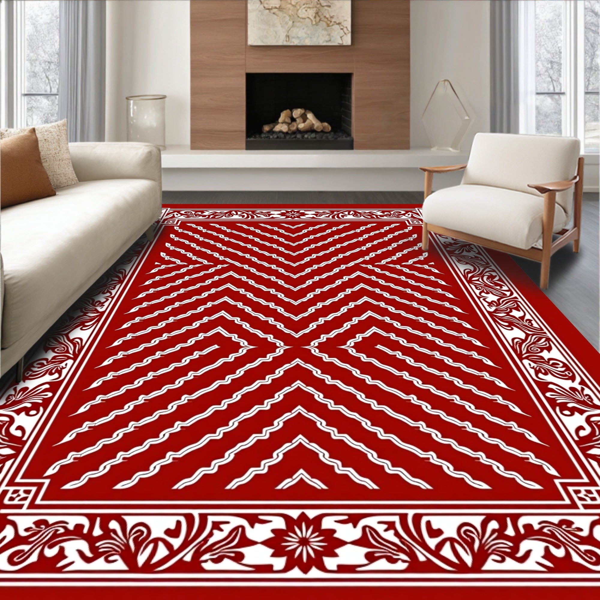 Classic Red White Chevron Border Rug