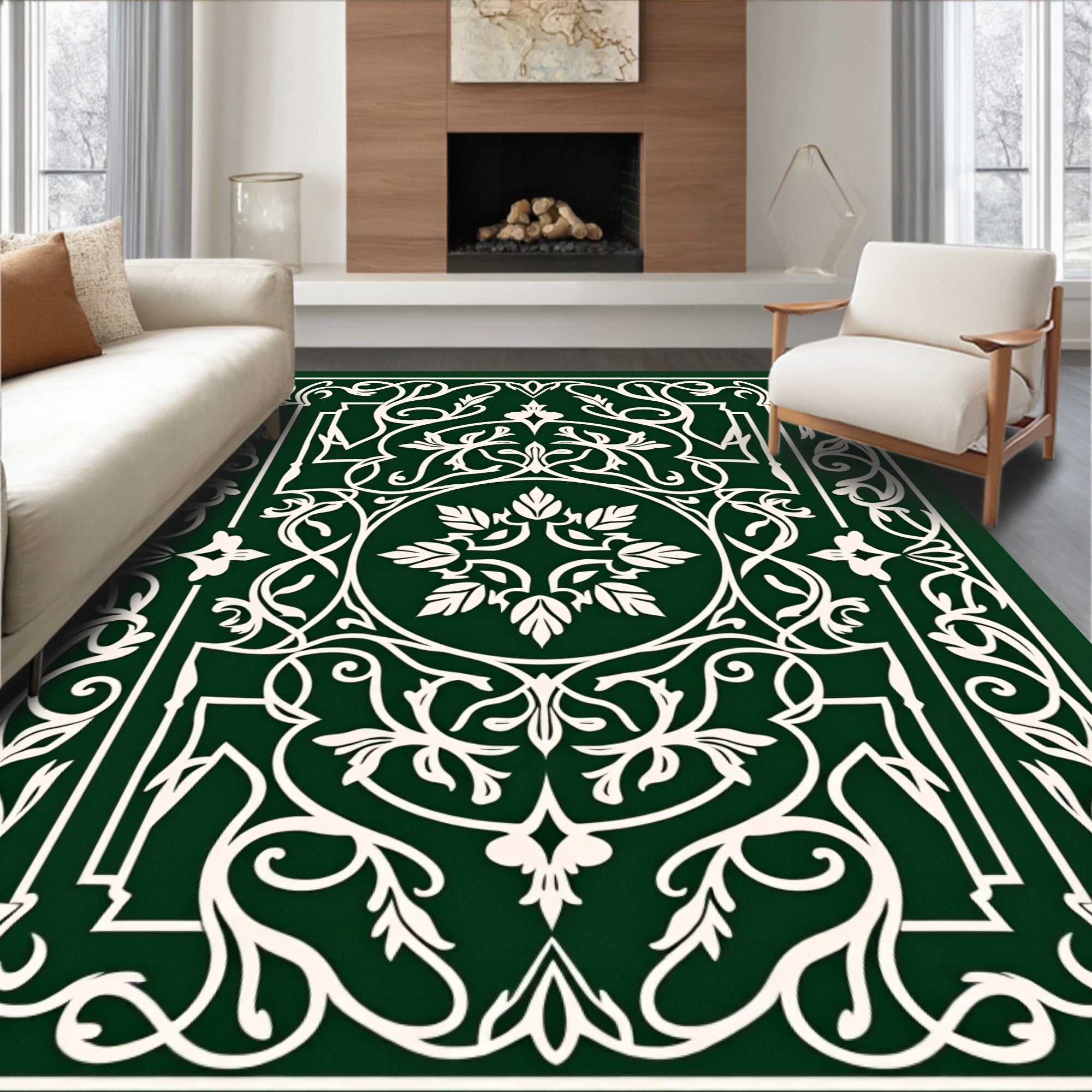 Emerald White Intricate Floral Pattern Rug