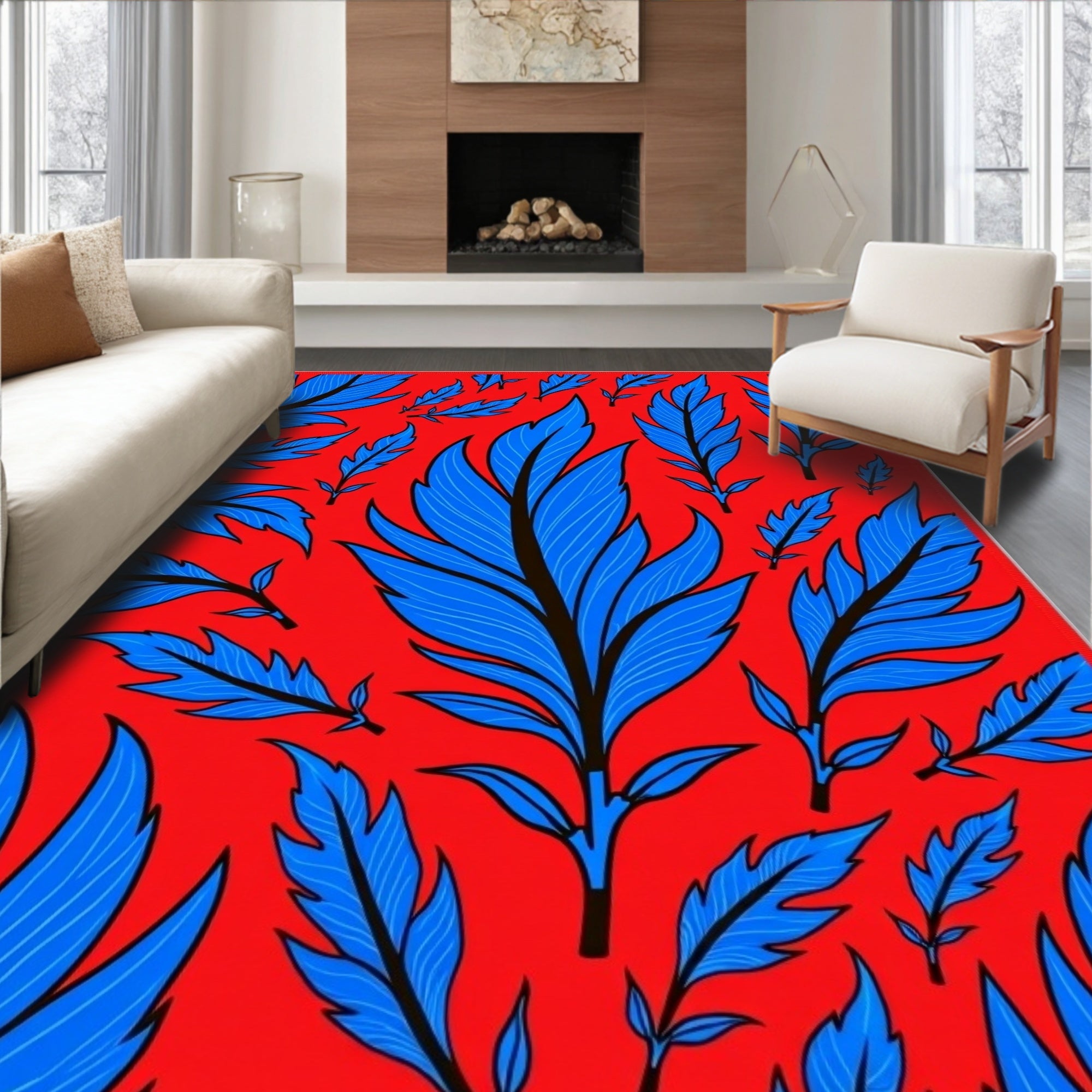 Blue Feather Patterned Red Rug