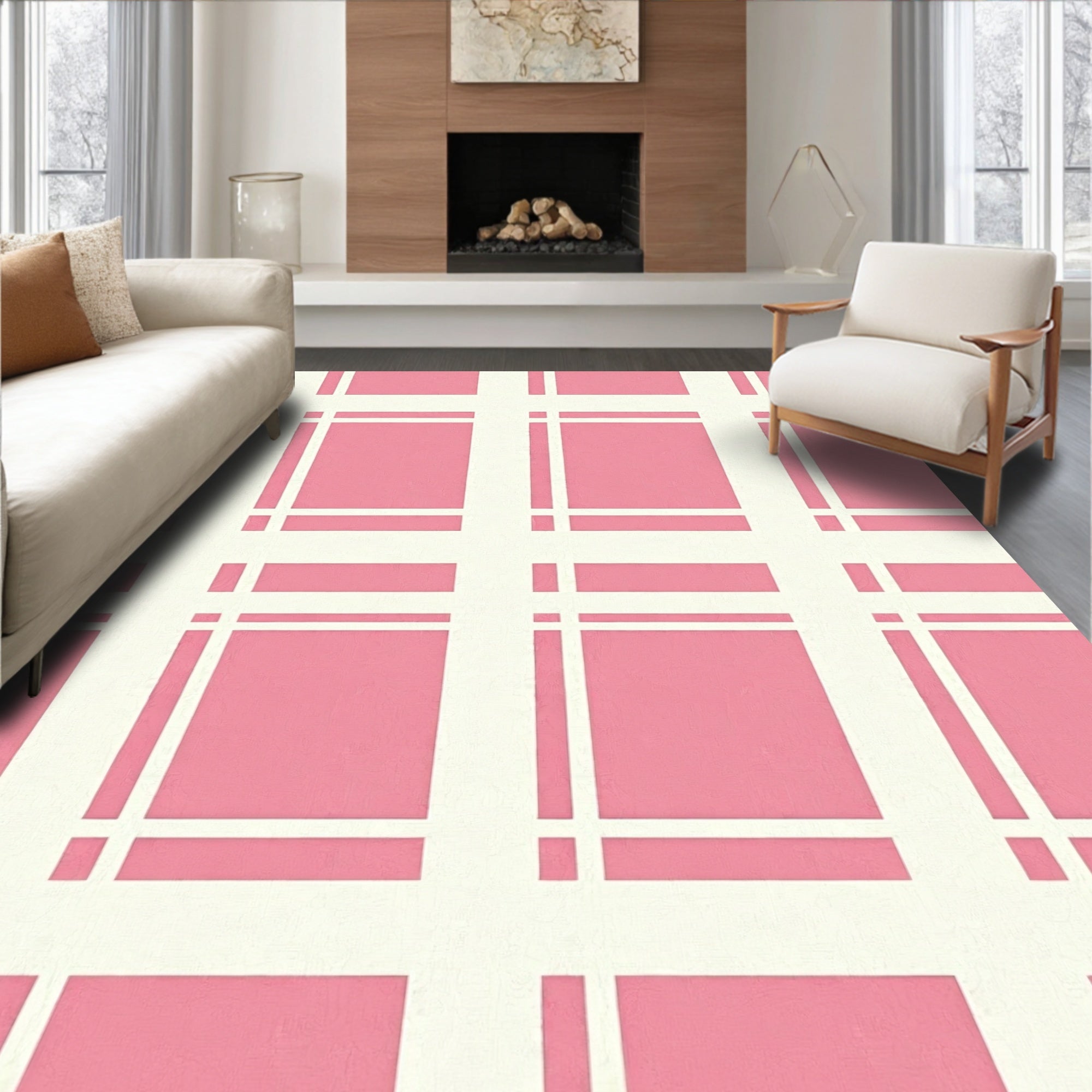 Pink and White Grid Pattern Rug