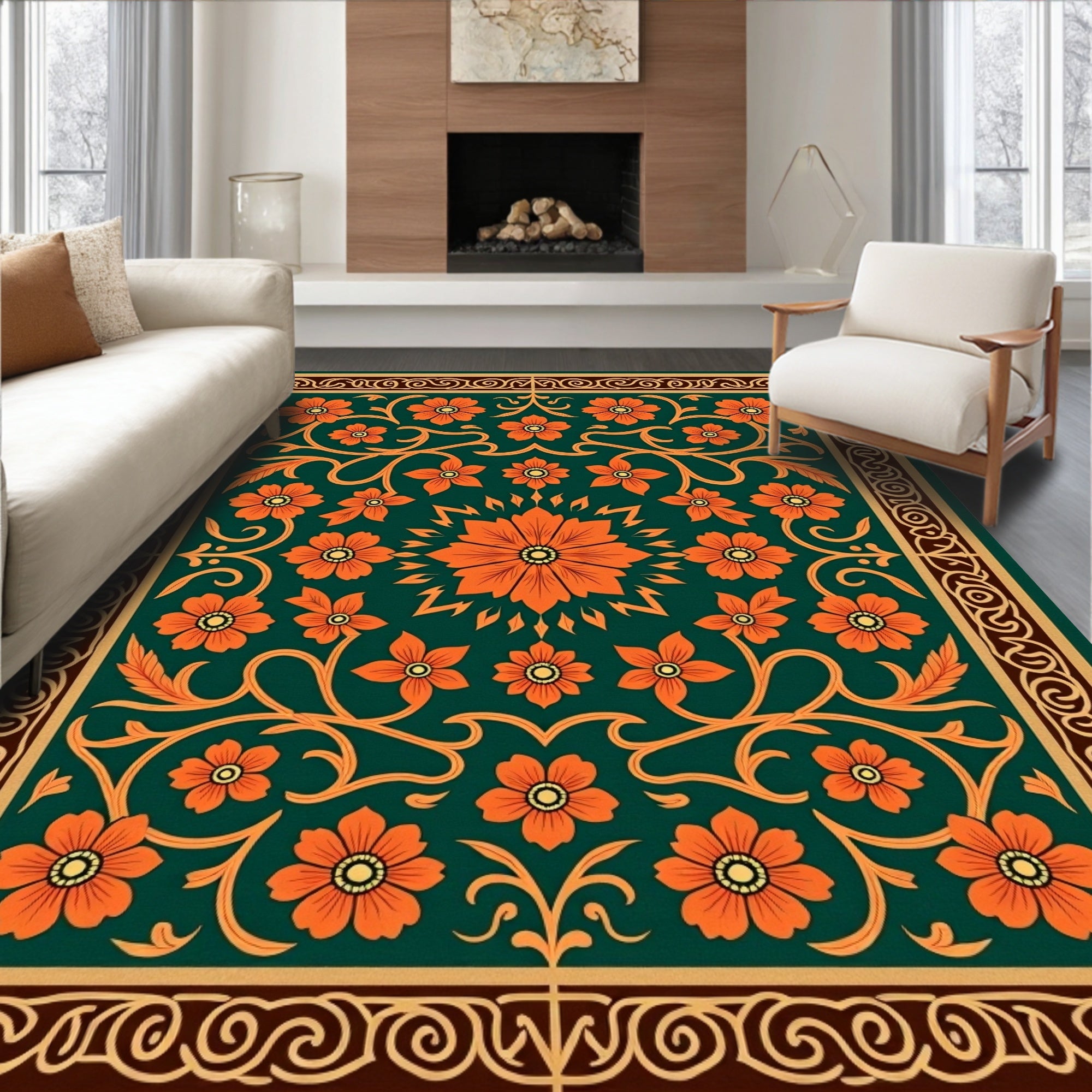Ornate Orange Floral Vine Pattern Rug