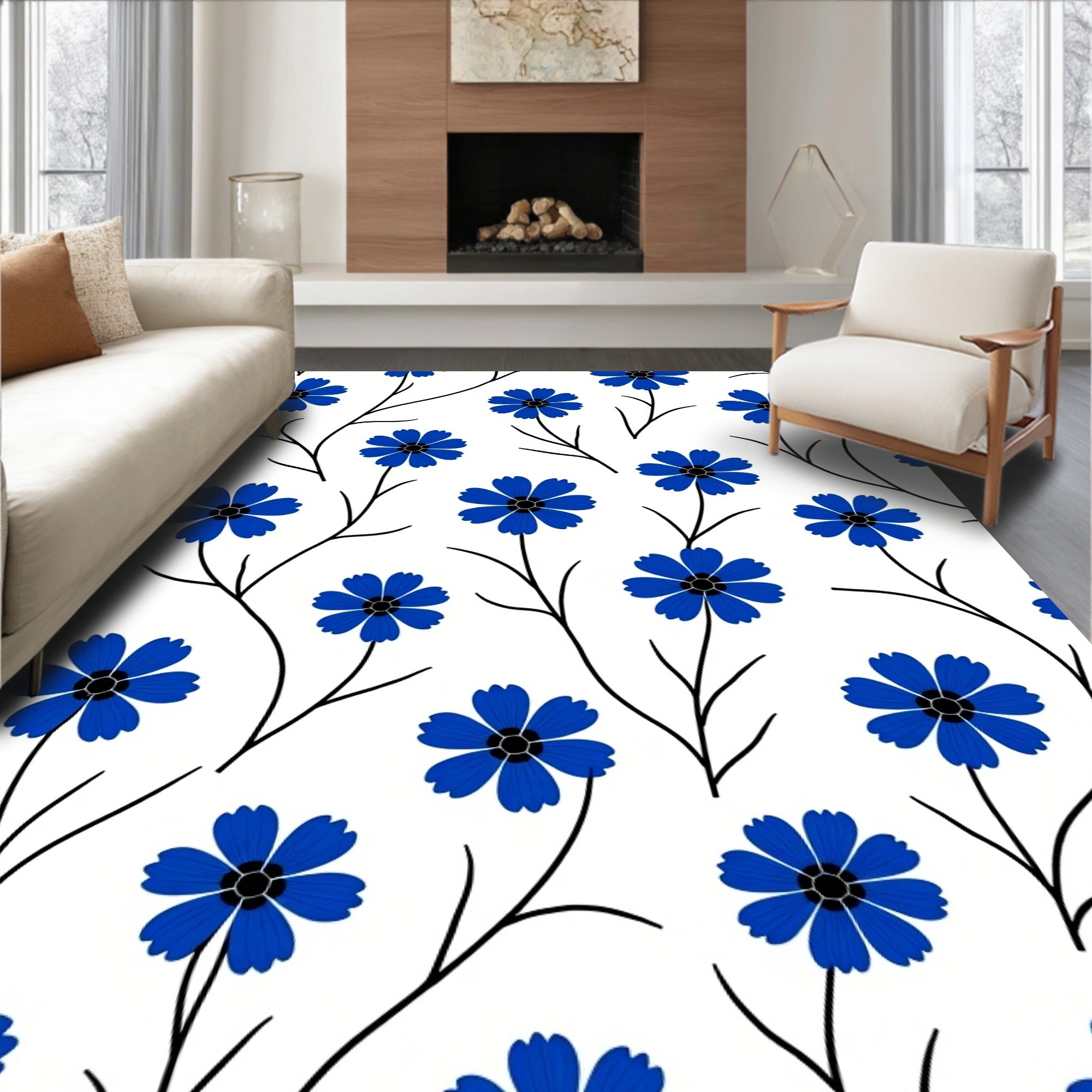 Delicate Blue Floral Stem Pattern Rug