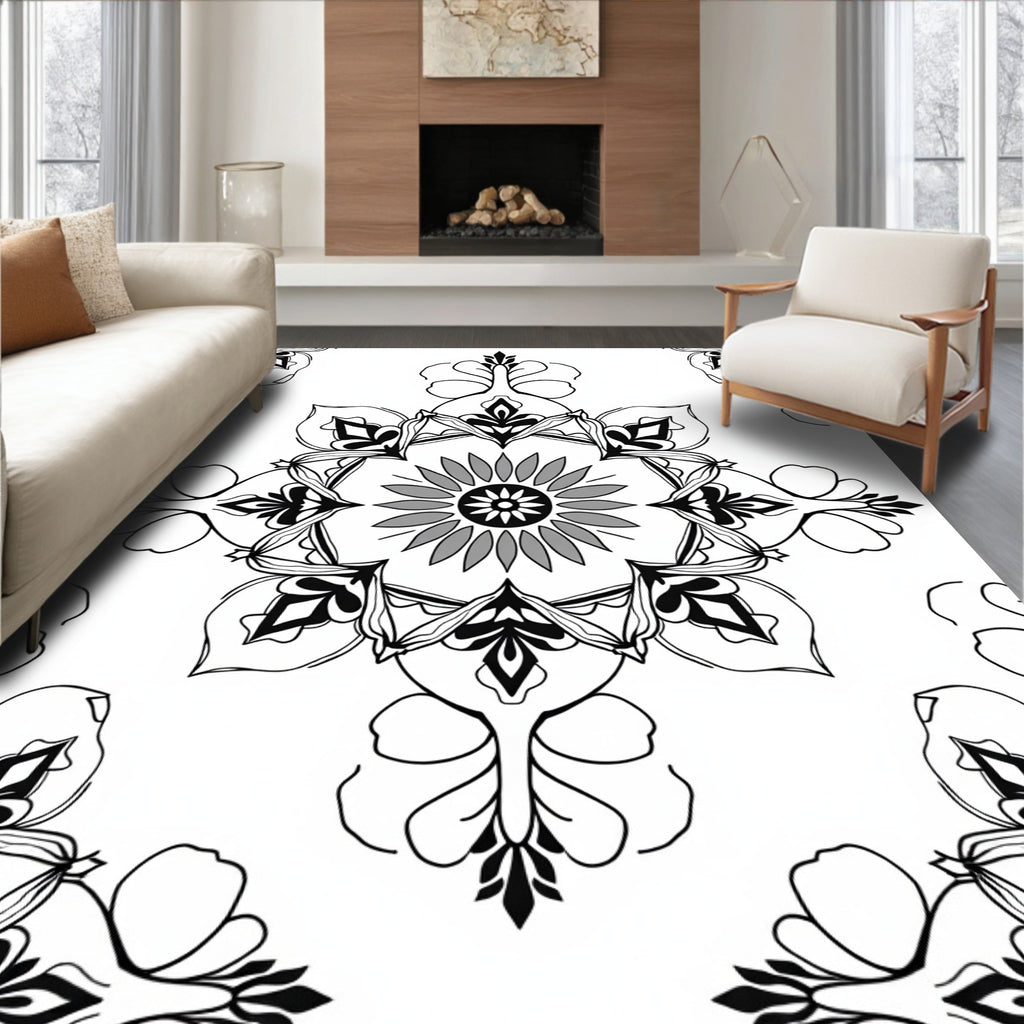 Monochromatic Floral Medallion Pattern Rug