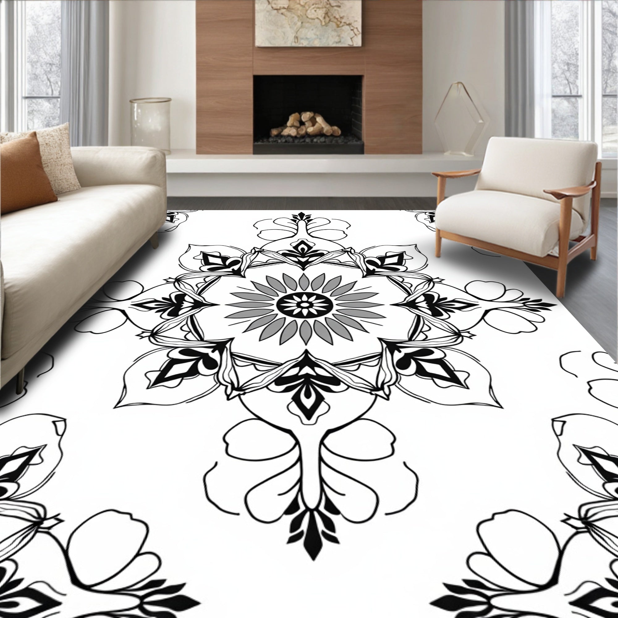 Monochromatic Floral Medallion Pattern Rug