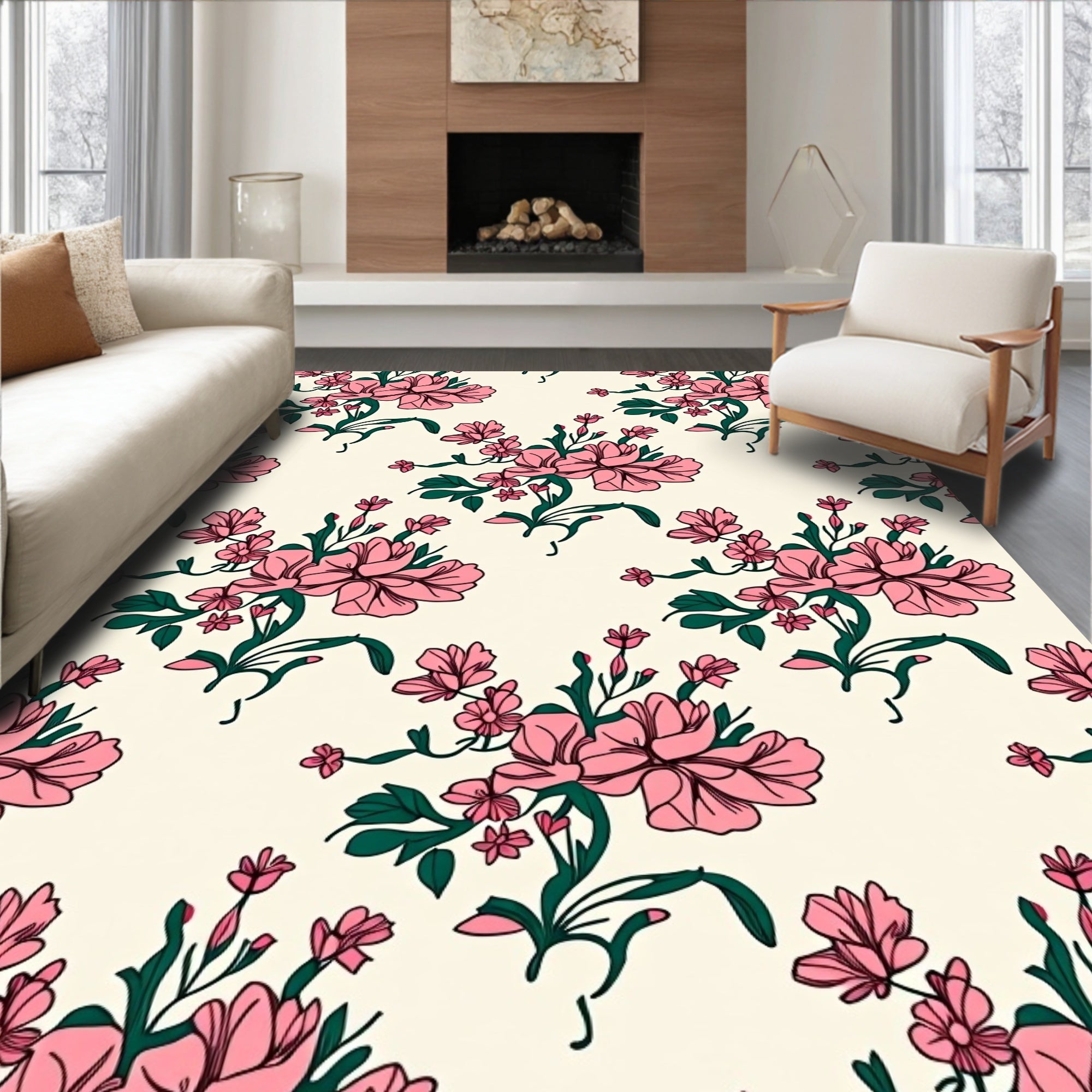 Whimsical Pink Floral Pattern Rug