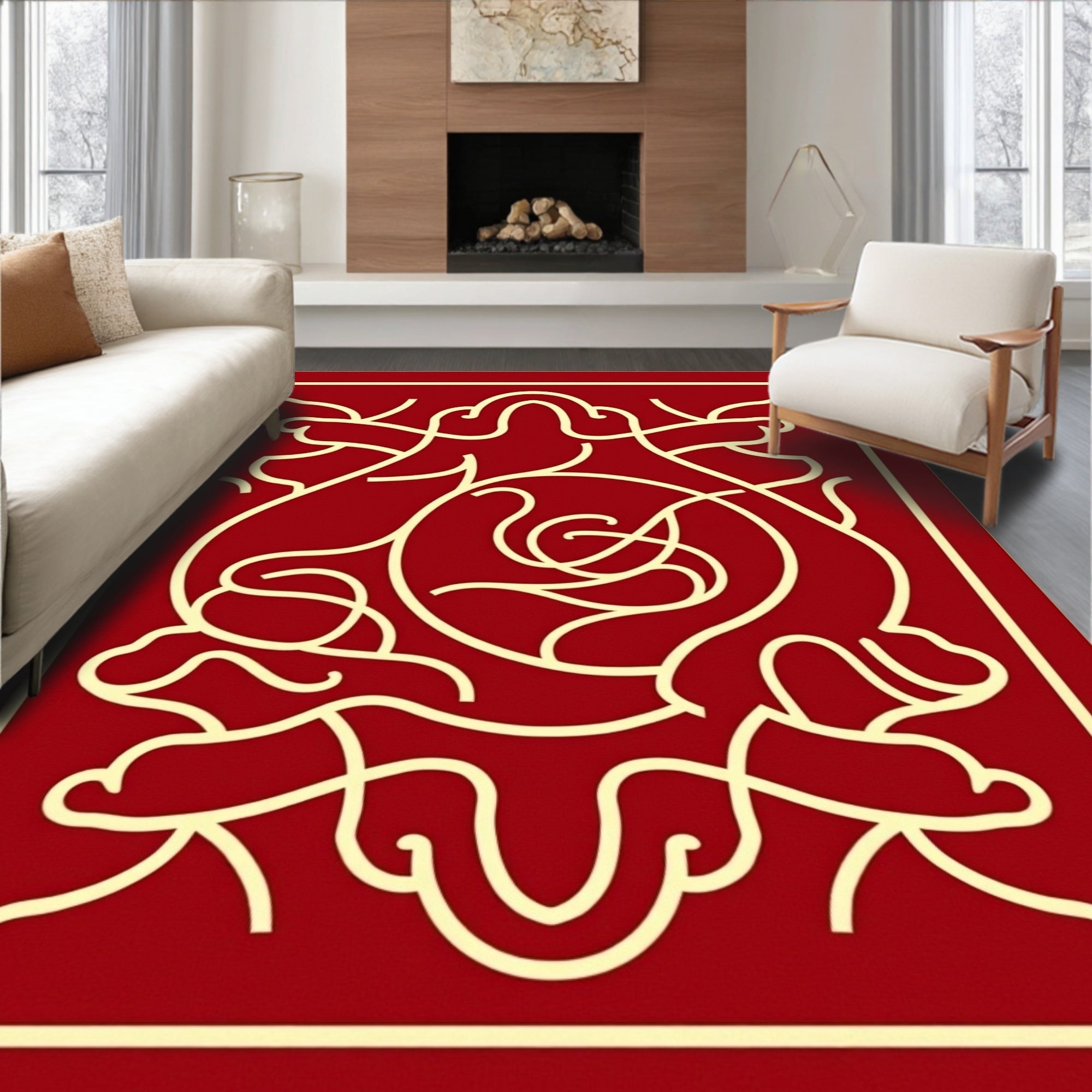 Bold Red Gold Abstract Design Rug