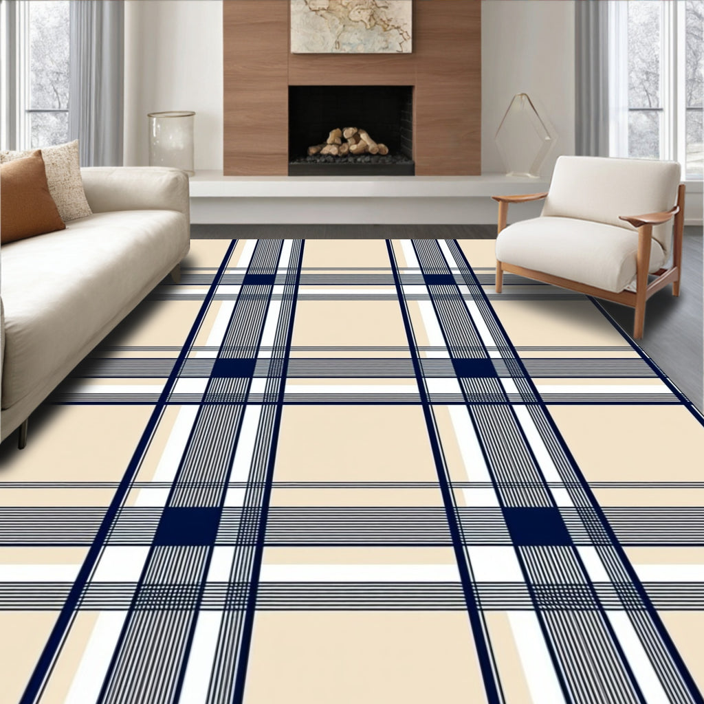 Classic Plaid Navy Beige Pattern Rug