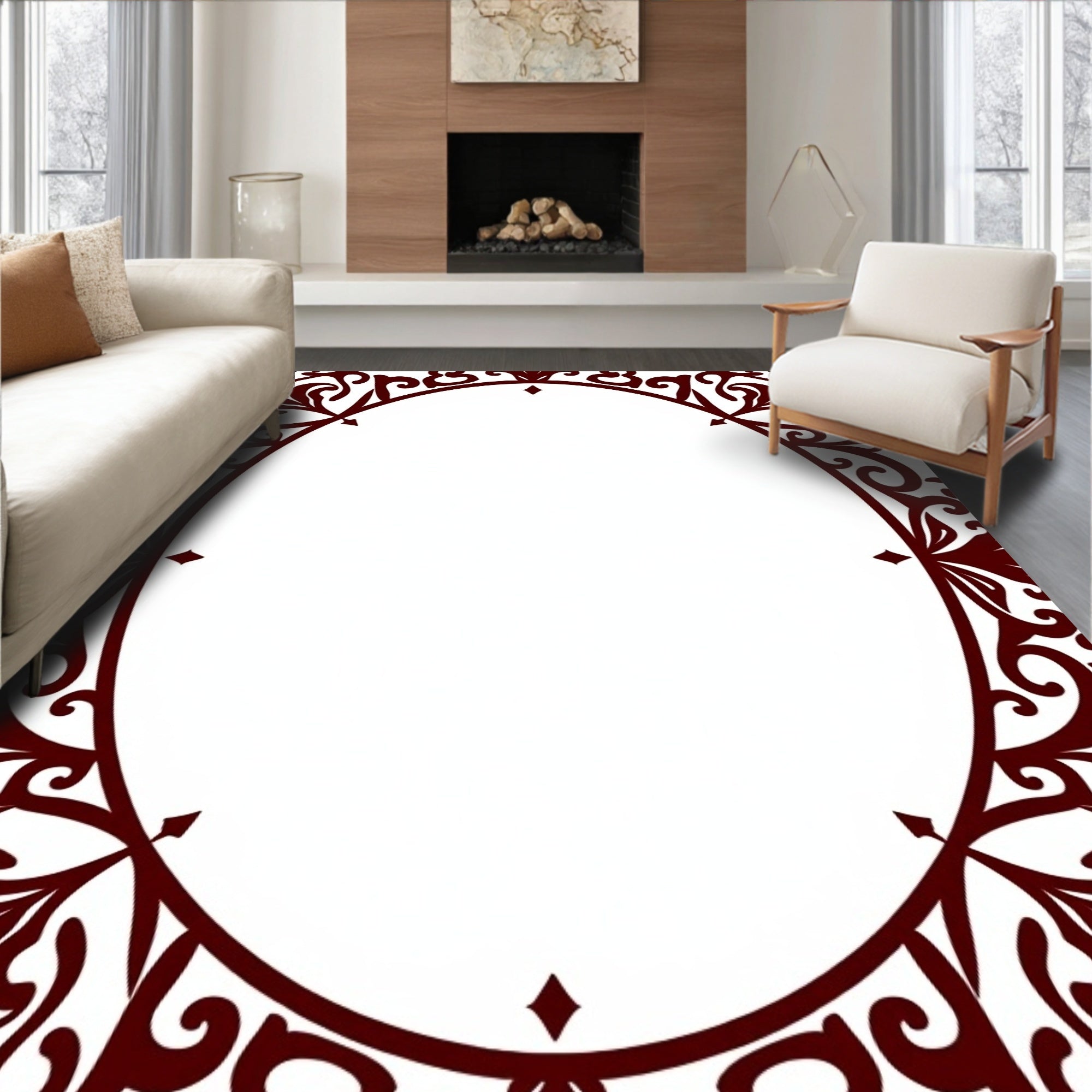 Intricate Maroon Swirl Border Design Rug