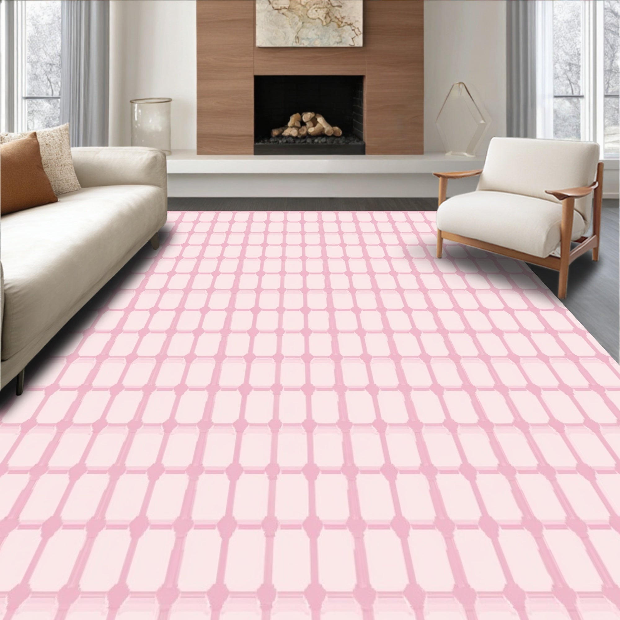Subtle Pink Geometric Grid Pattern Rug