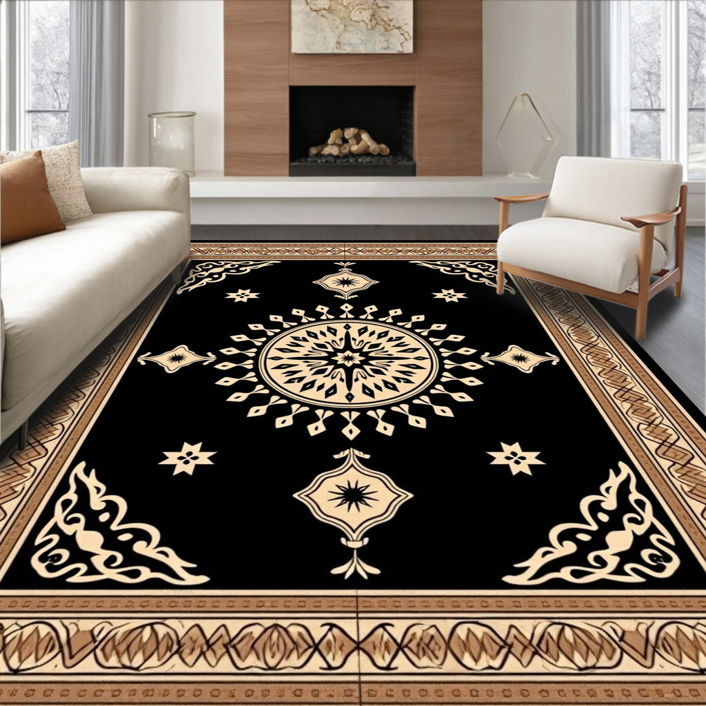 Ornate Black Cream Sunburst Pattern Rug
