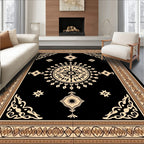 Ornate Black Cream Sunburst Pattern Rug
