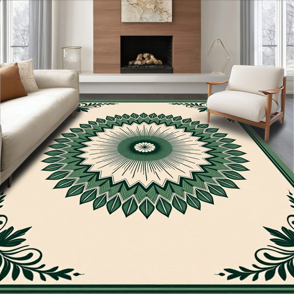 Green Symmetrical Floral Mandala Design Rug