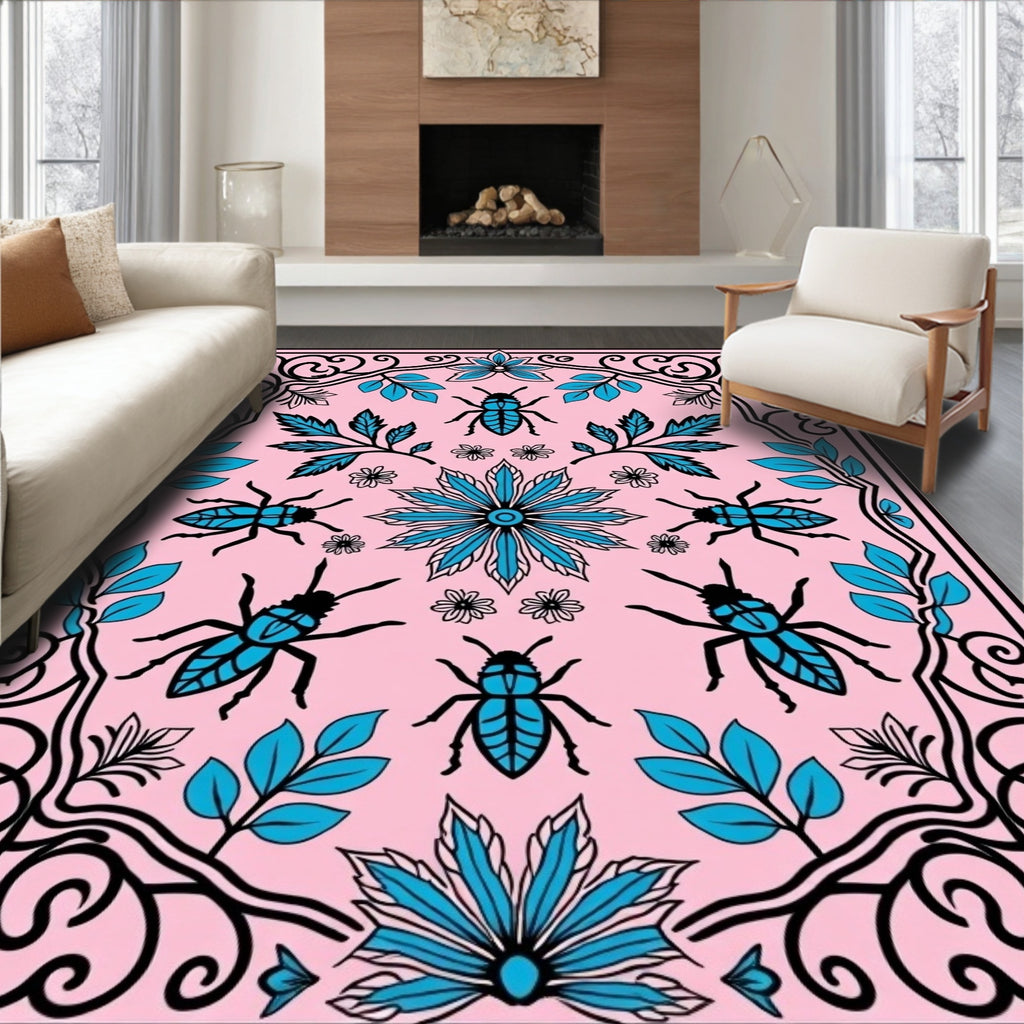 Whimsical Beetle Floral Pattern Rug