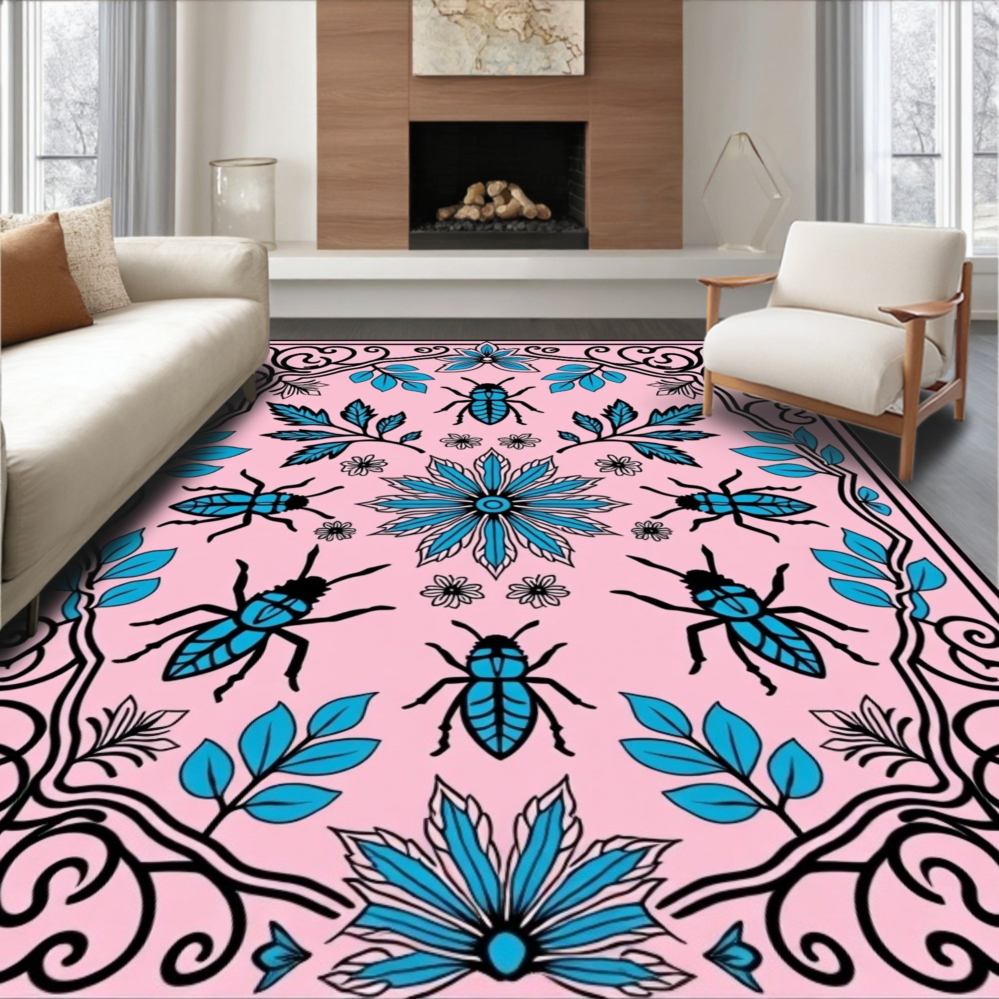 Whimsical Beetle Floral Pattern Rug