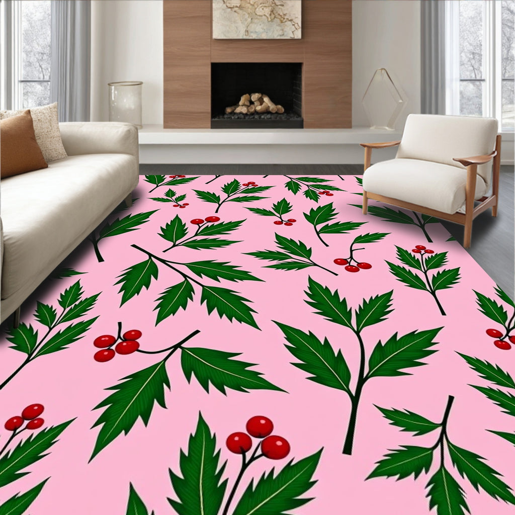 Crimson Berry Green Leaf Clusters Rug