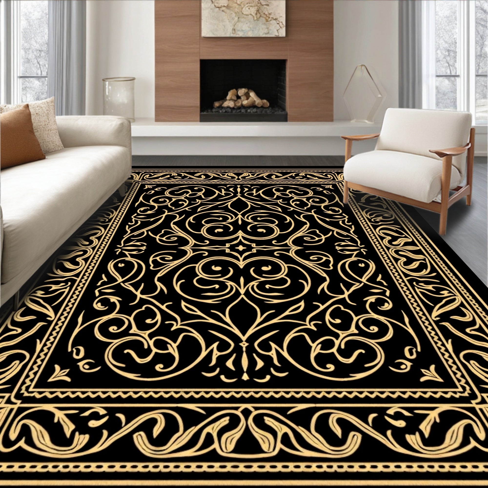 Ornate Golden Black Floral Pattern Rug
