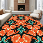 Ornate Teal Orange Floral Pattern Rug