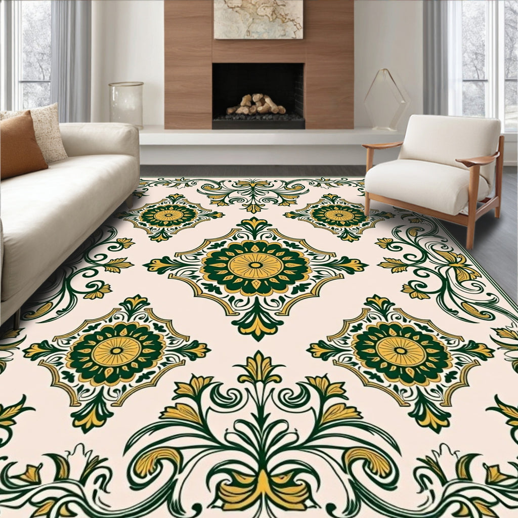 Elegant Green Gold Floral Scroll Pattern Rug