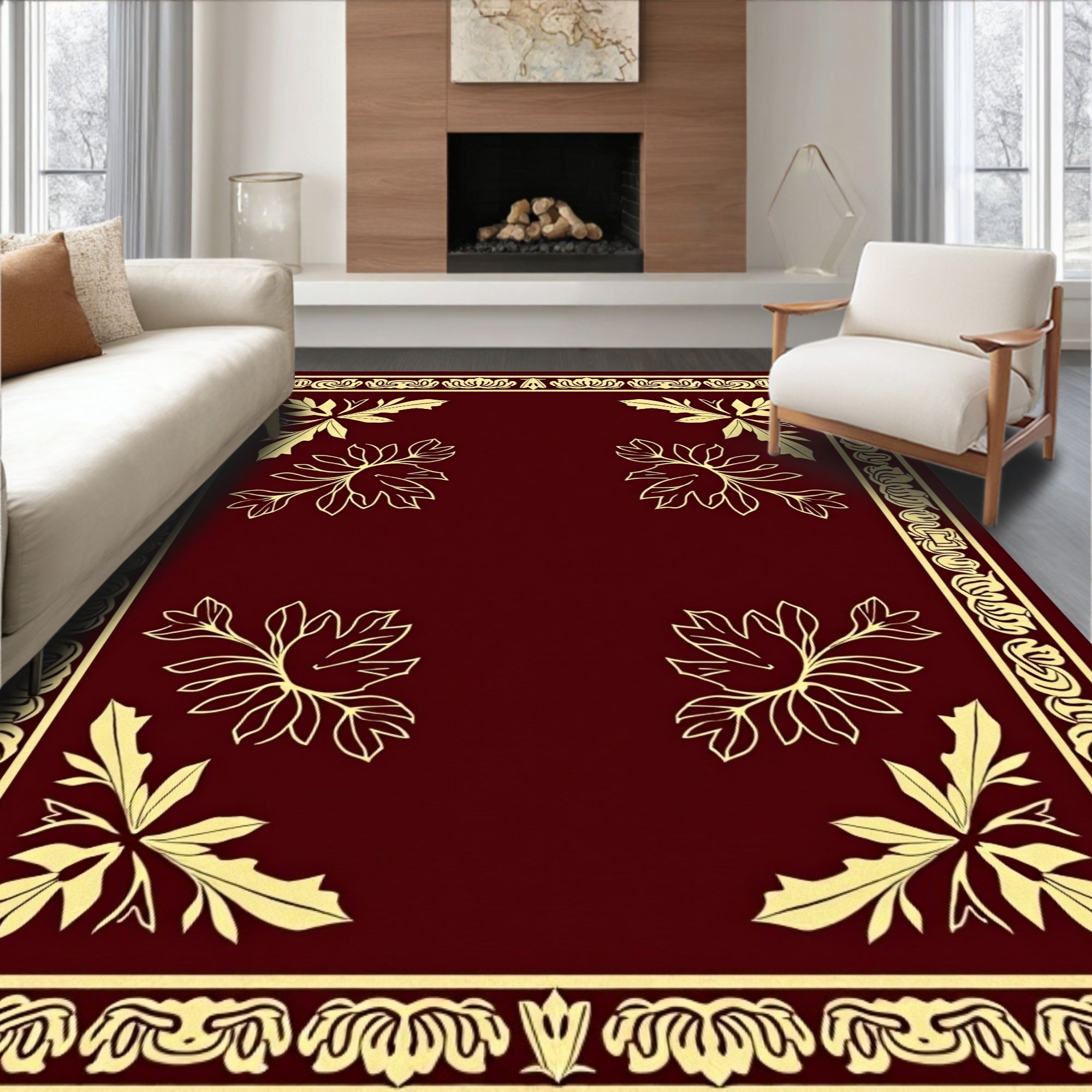 Crimson Botanical Scrollwork Surround Rug