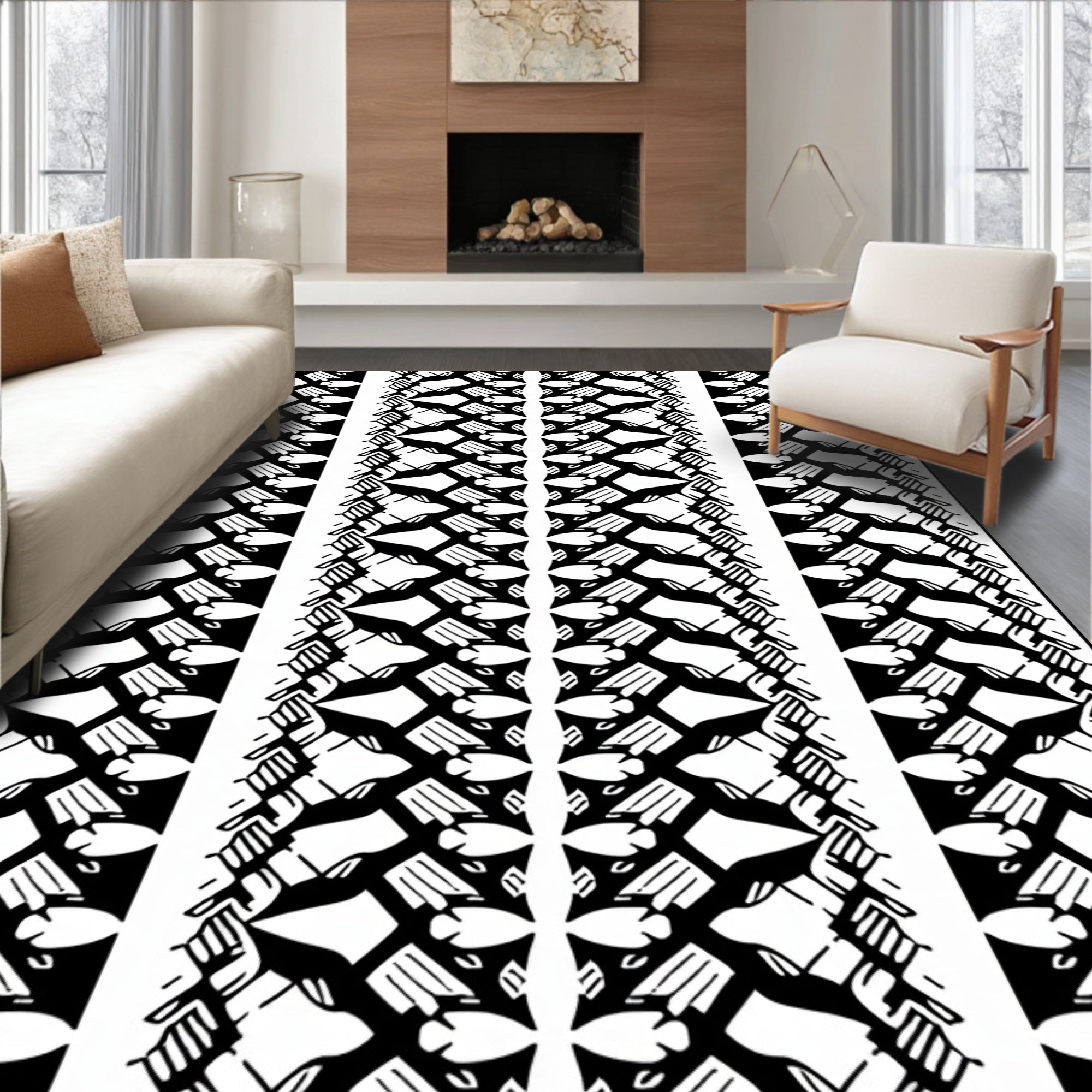Black White Interlocking Abstract Pattern Rug