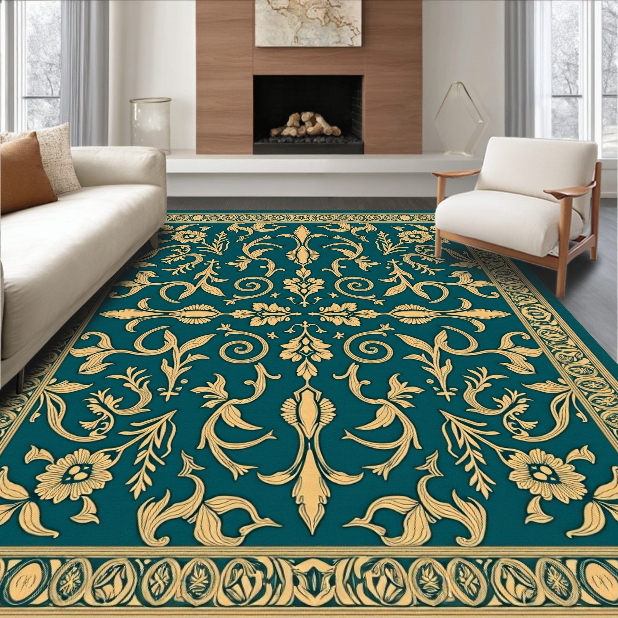 Ornate Gold Teal Damask Pattern Rug