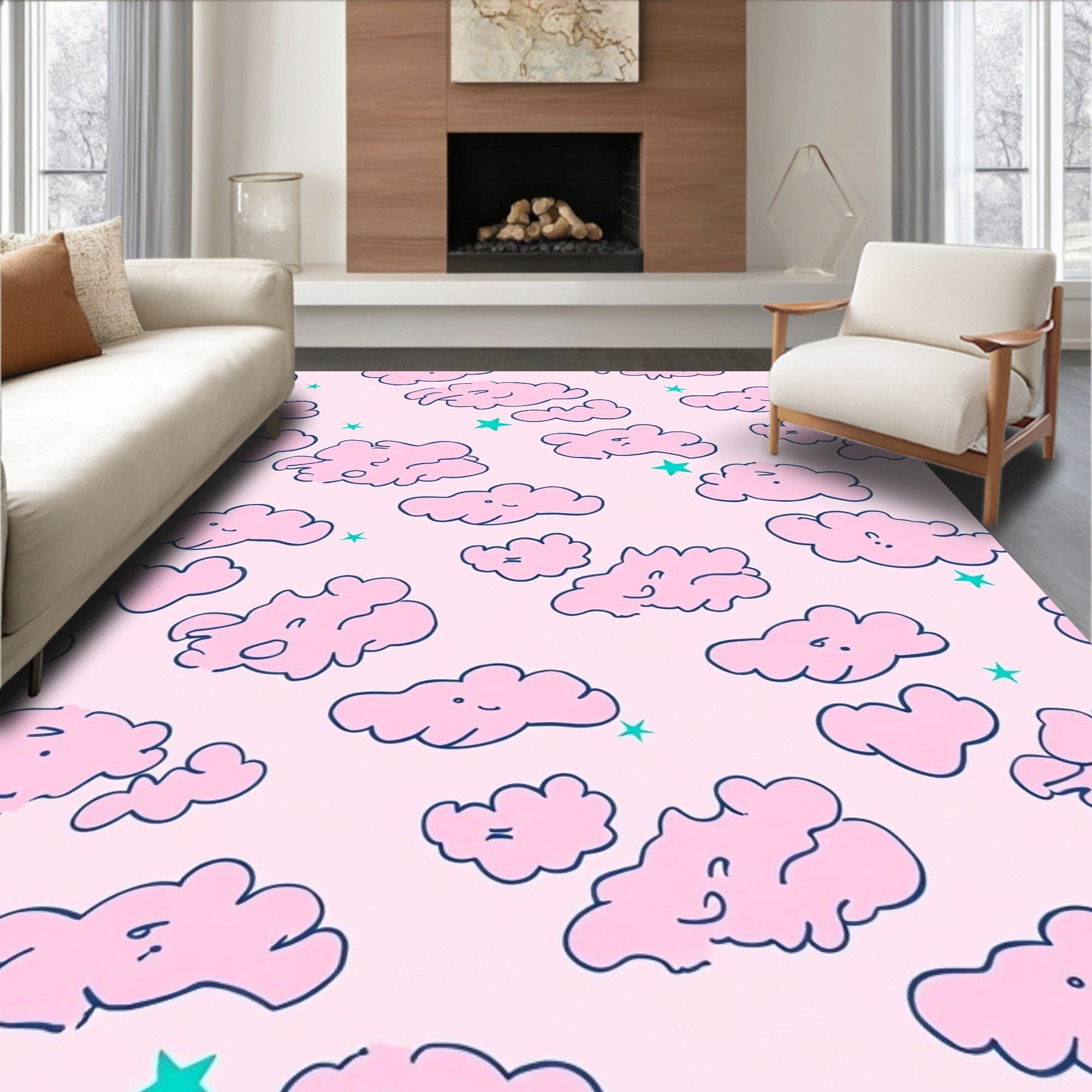 Playful Pink Clouds Stars Pattern Rug