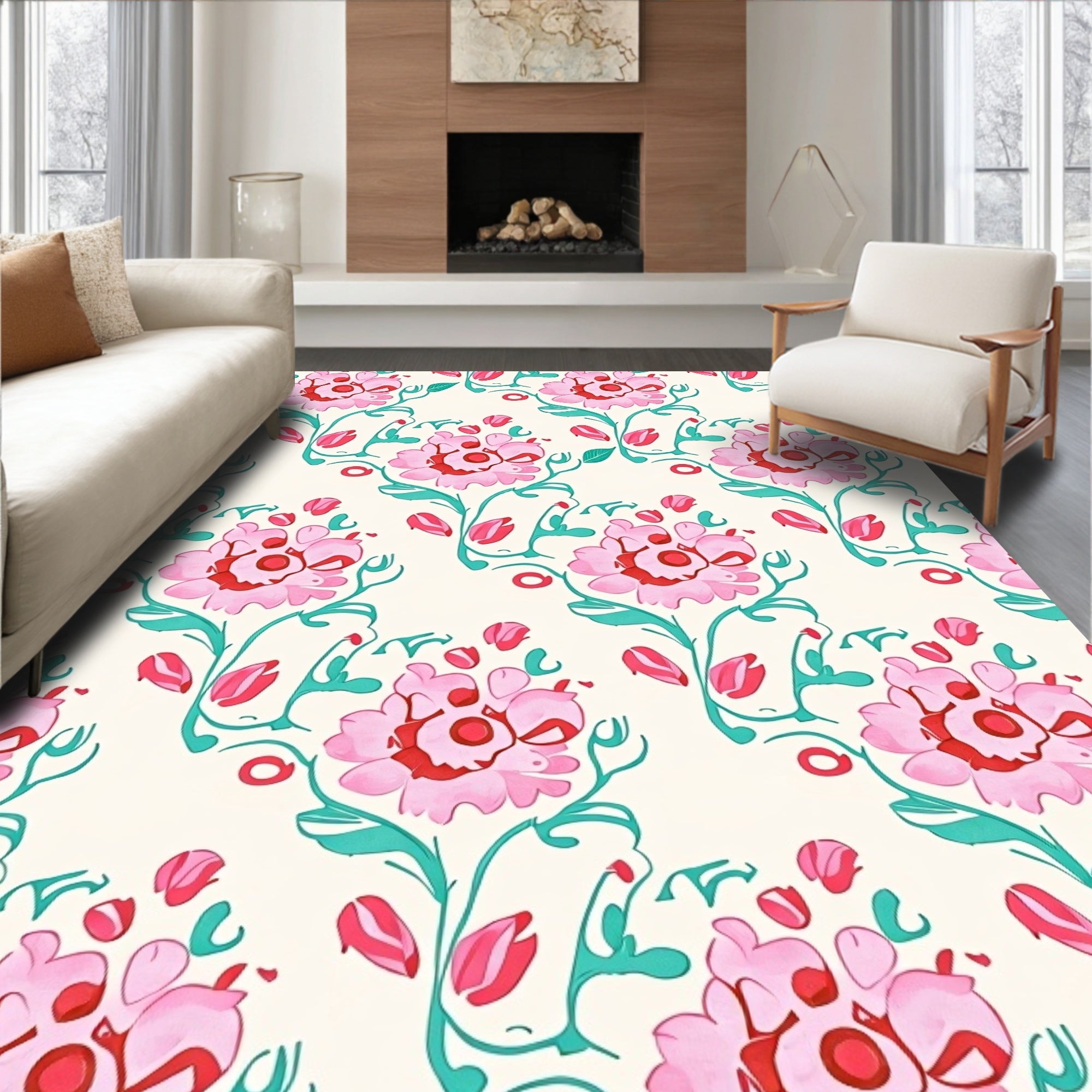 Floral Vines Pink Red And Teal Rug