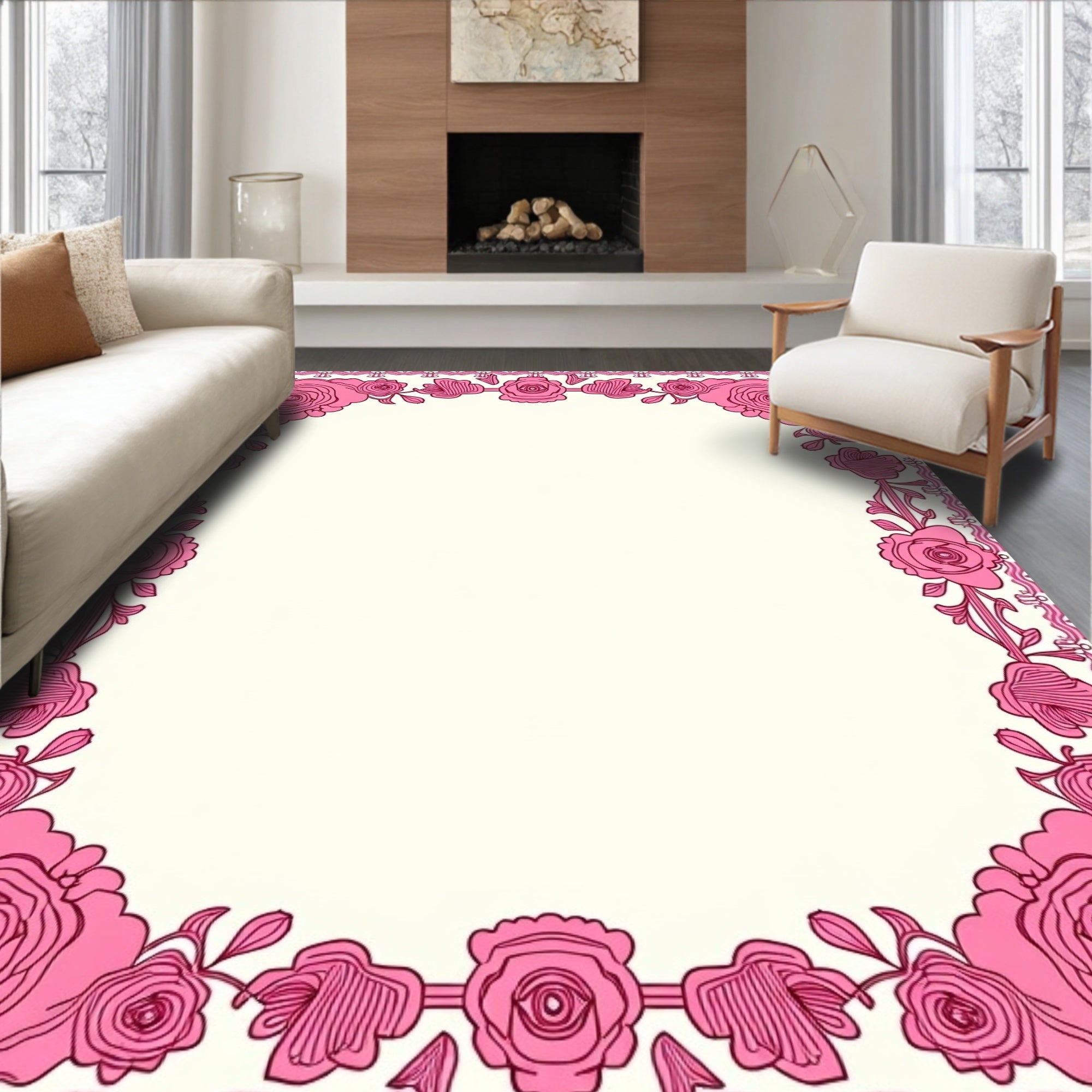 Pink Rose Garland Decorative Border Rug