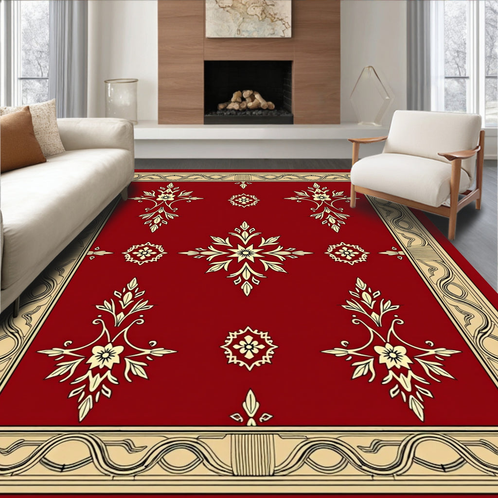 Red Floral Medallion Cream Border Rug