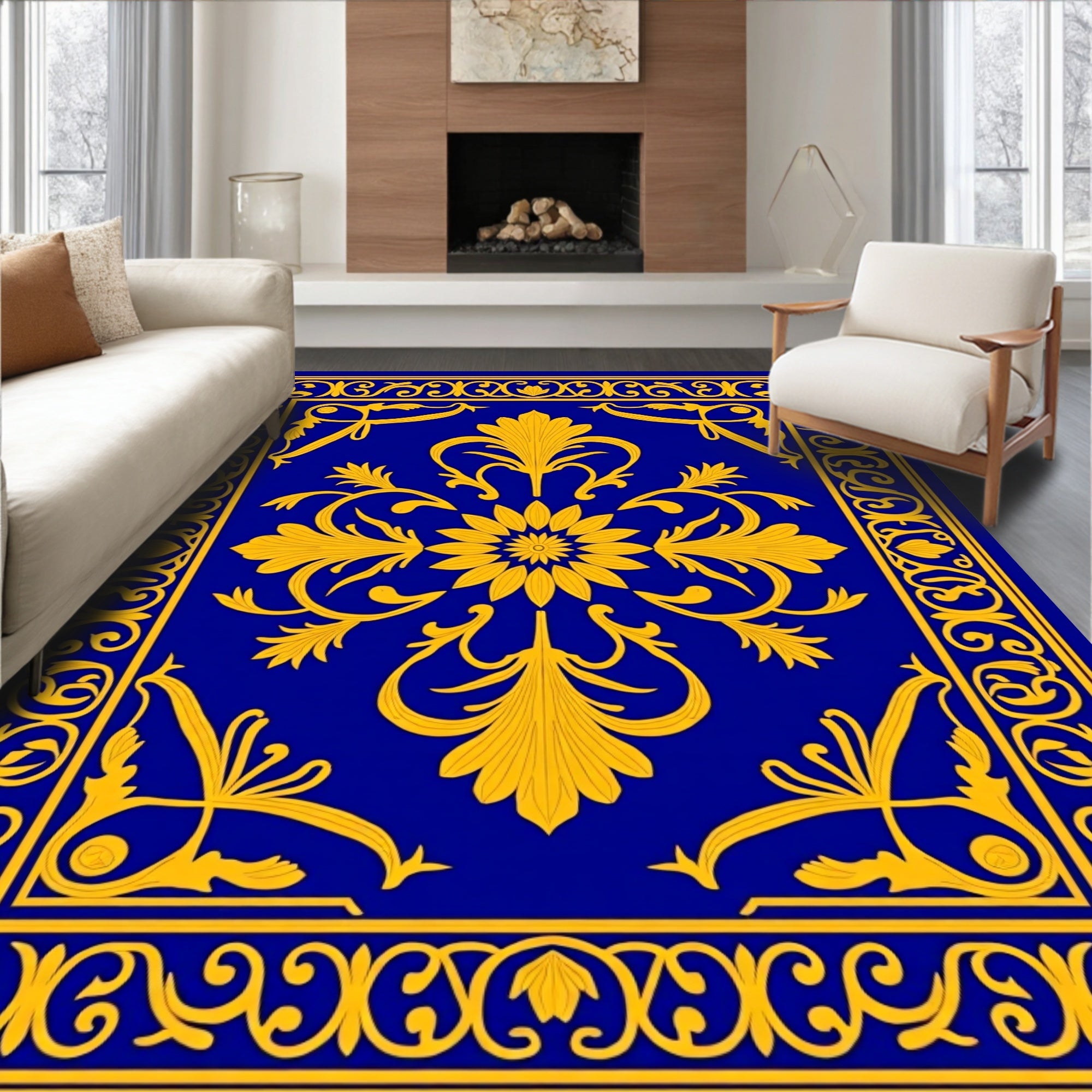 Classic Blue Gold Floral Medallion Rug