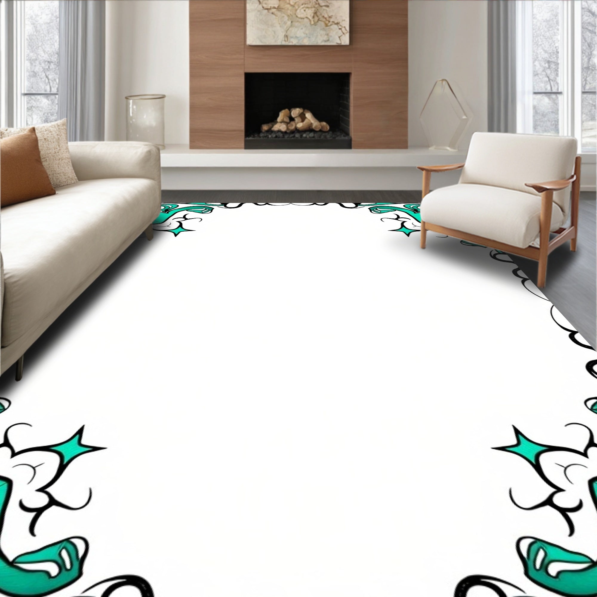 Intricate Teal Swirls Border Design Rug