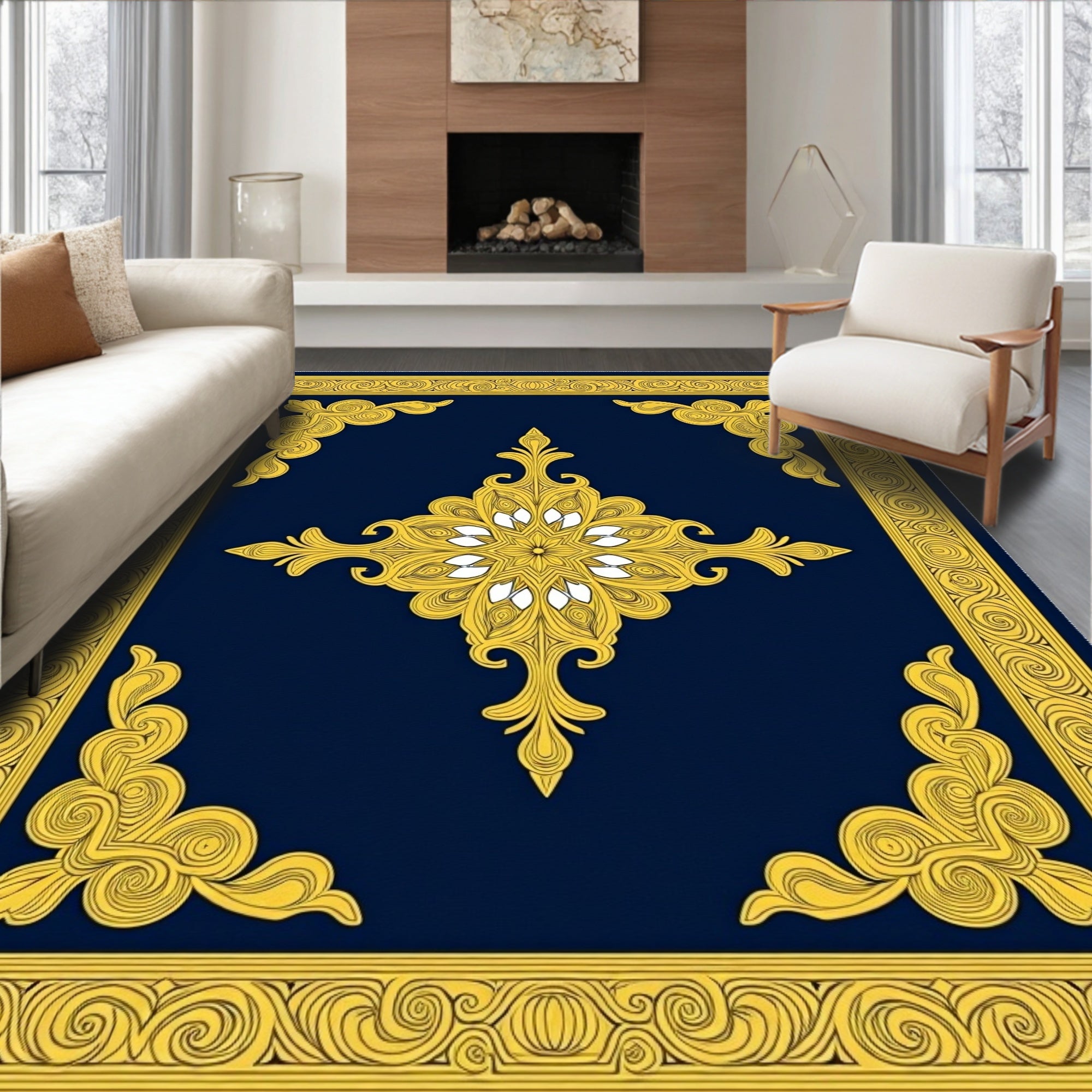 Ornate Golden Medallion Border Design Rug
