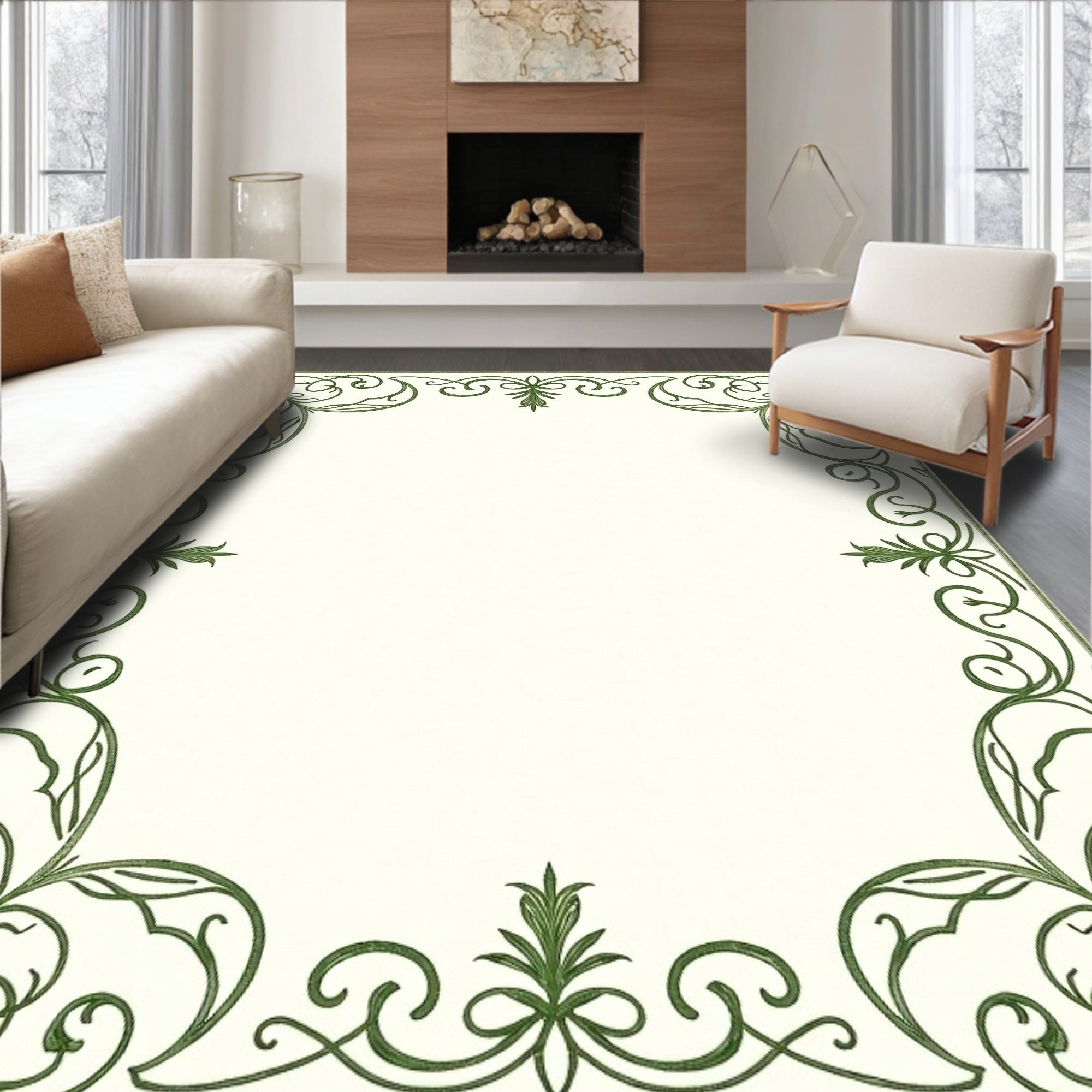 Classic Green Filigree Scroll Border Rug