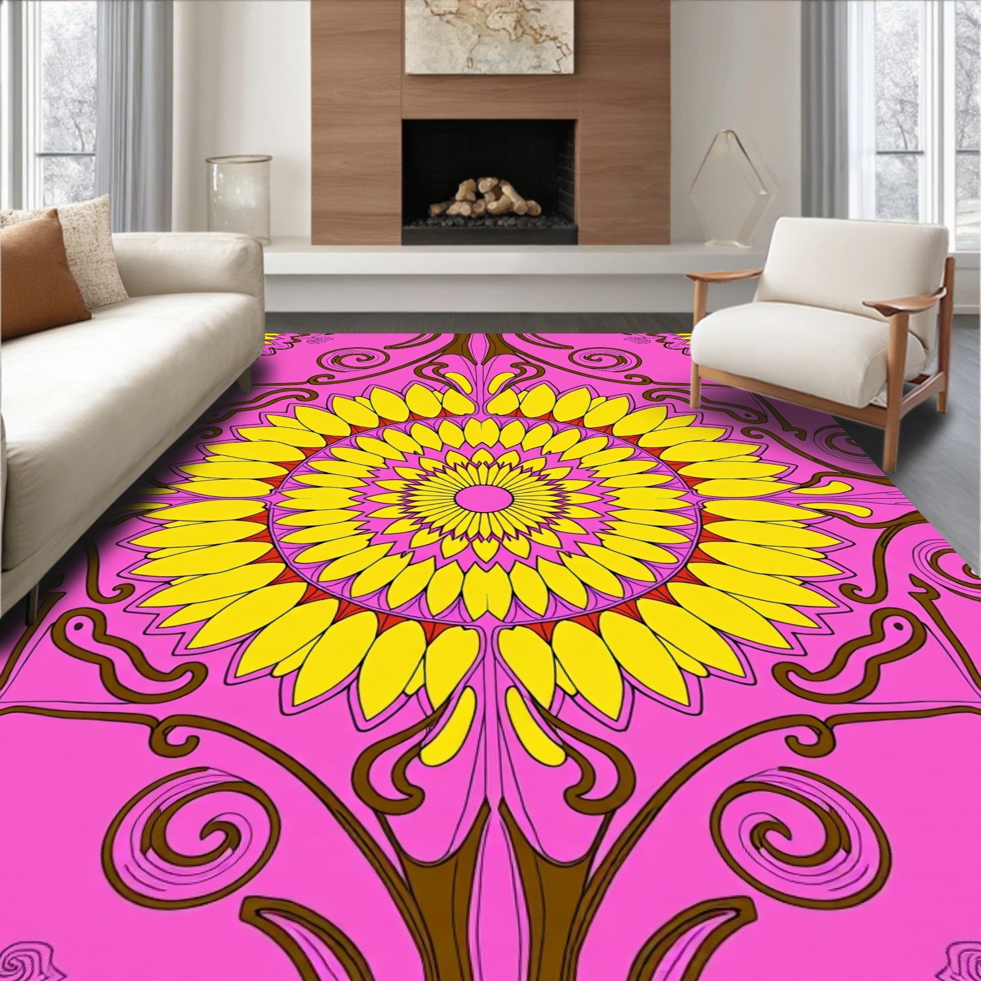 Bright Pink Yellow Sun Mandala Rug