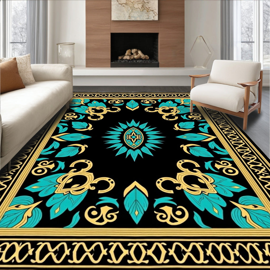 Black Teal Gold Floral Medallion Rug