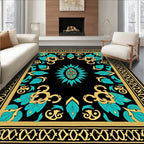 Black Teal Gold Floral Medallion Rug