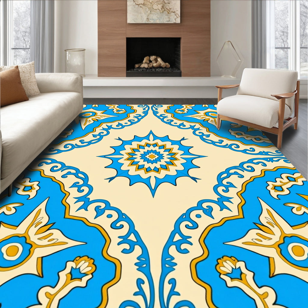 Ornate Blue Gold Floral Medallion Design Rug
