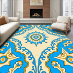 Ornate Blue Gold Floral Medallion Design Rug