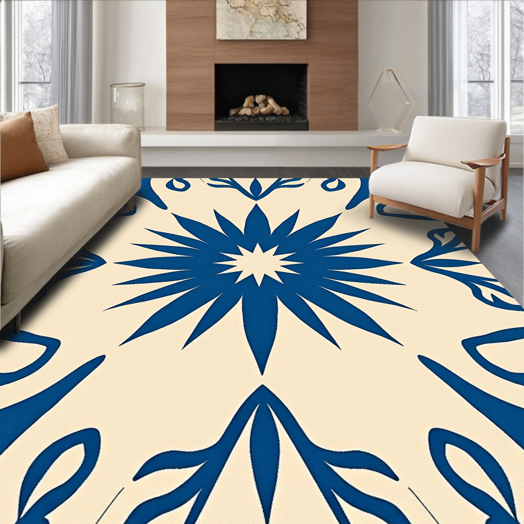 Blue Cream Starburst Floral Pattern Rug