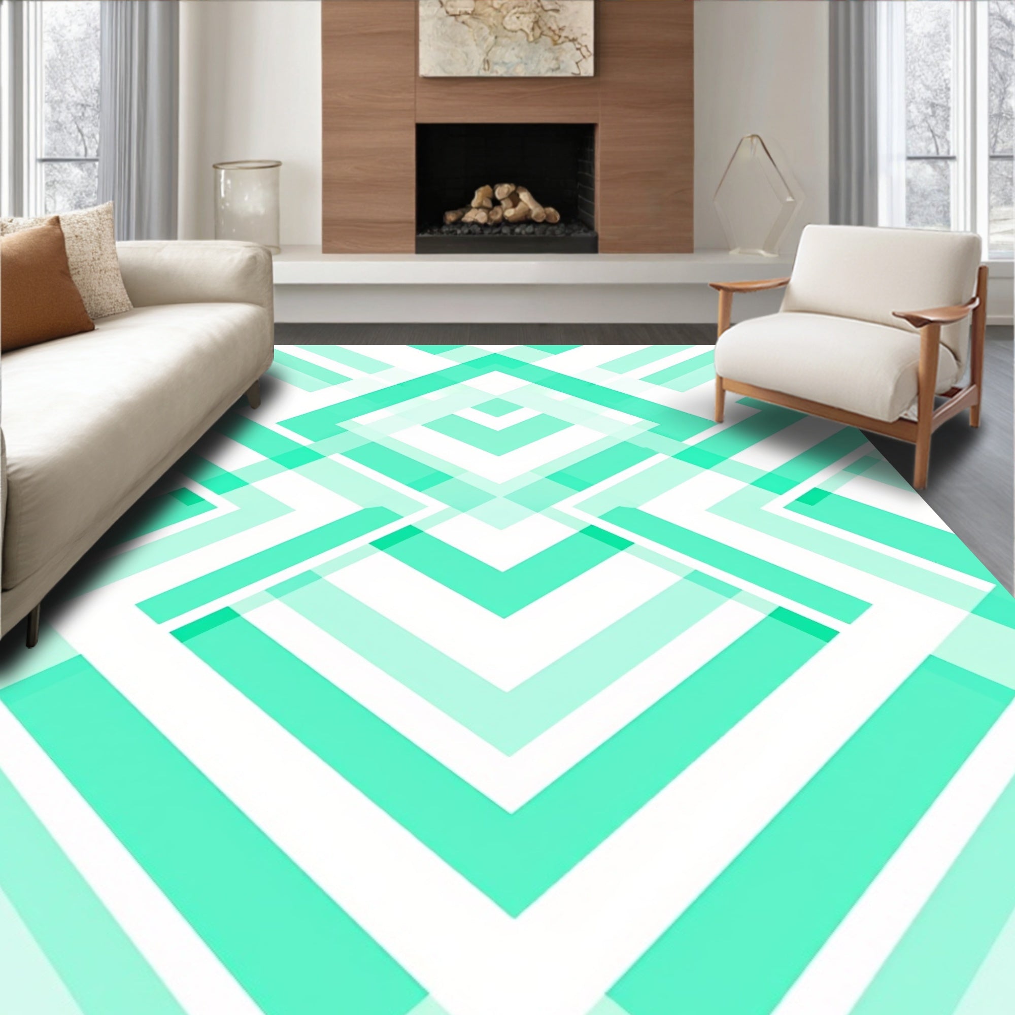 Aqua Geometric Chevron Overlap Rug