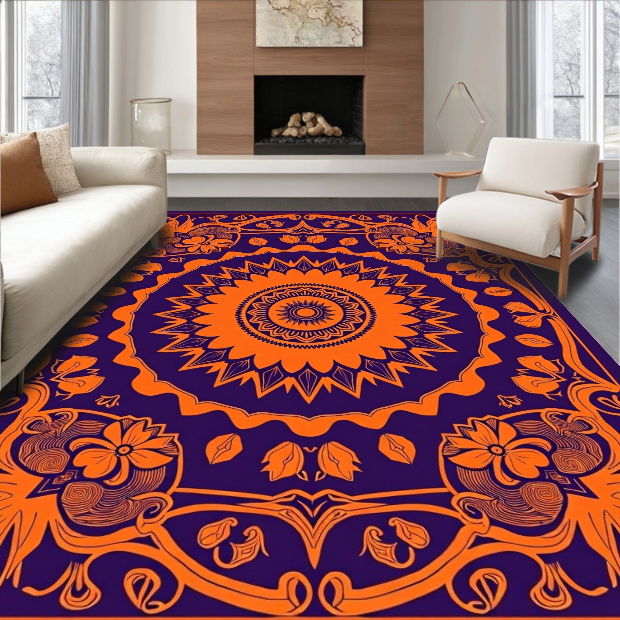 Vibrant Orange Floral Mandala Design Rug