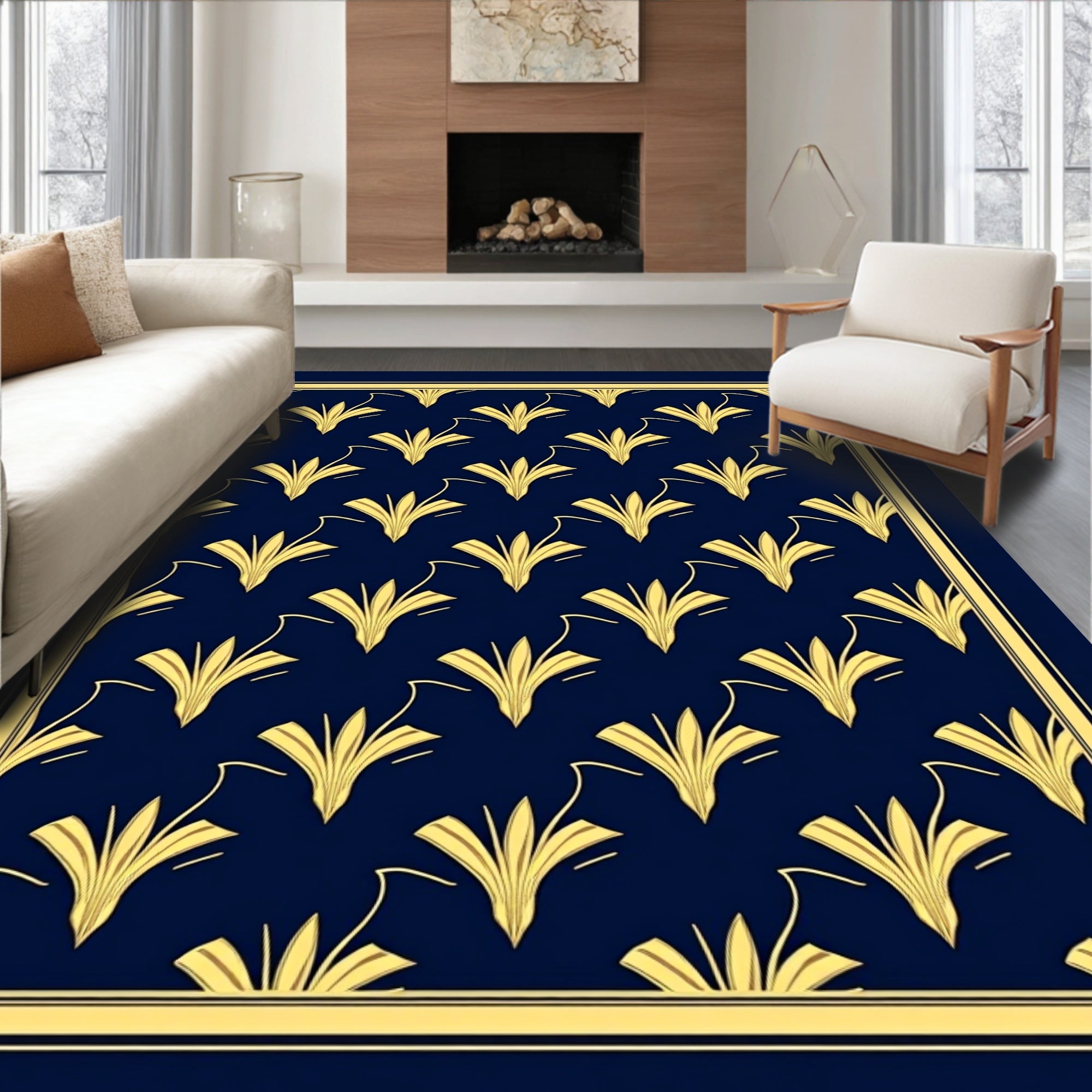 Art Deco Gold Floral Pattern Rug