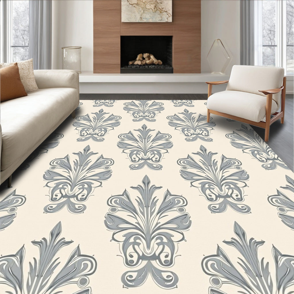 Ornate Gray Floral Damask Pattern Rug