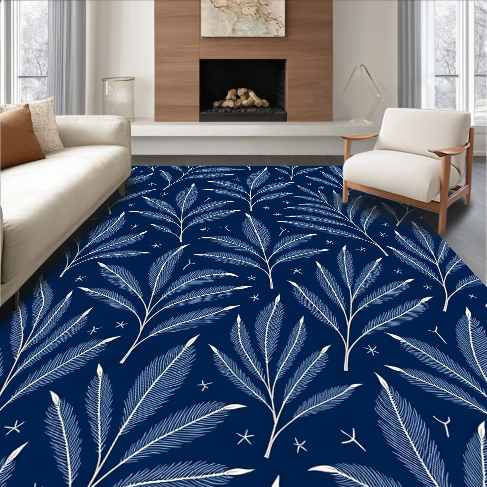 Elegant White Feather Leaf Pattern Rug