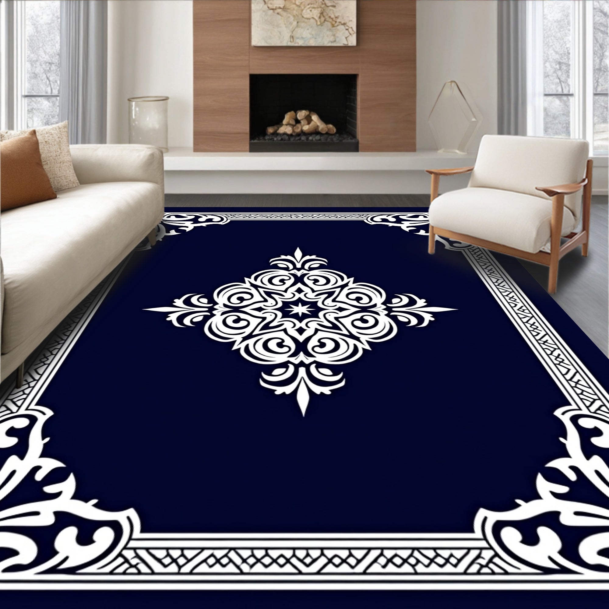 Ornate White Decorative Emblem Rug