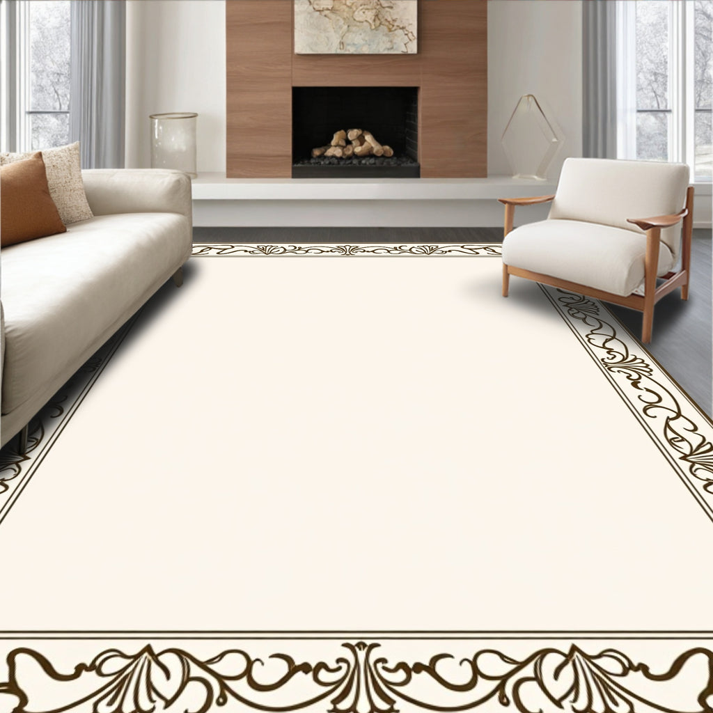 Elegant Brown Floral Scroll Border Design Rug