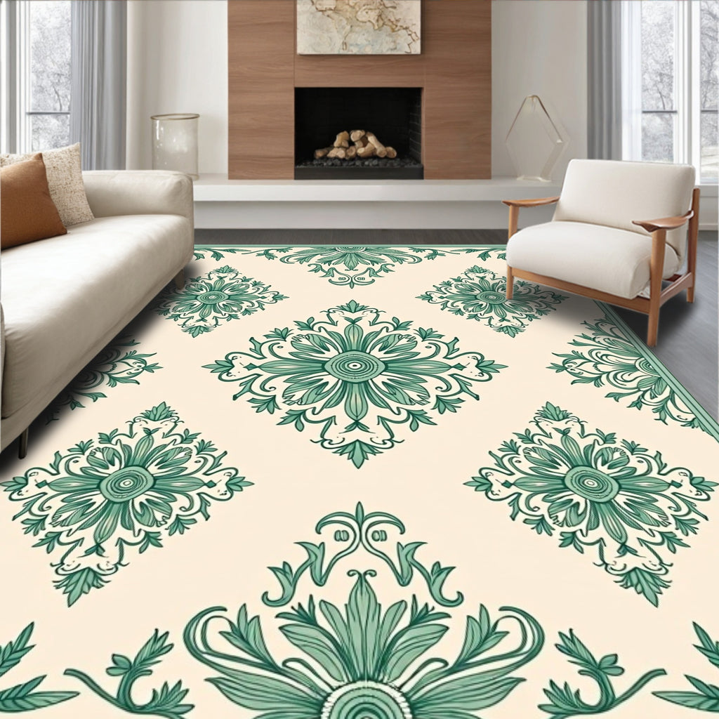 Green Floral Damask Pattern Rug