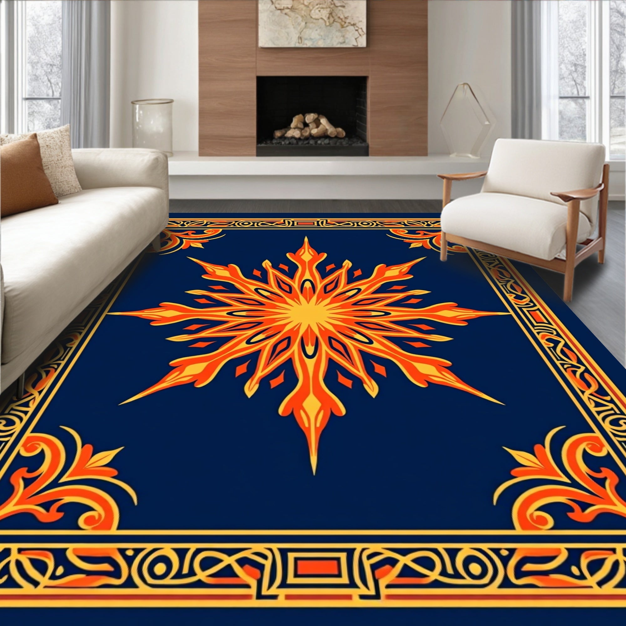 Golden Starburst Bordered Navy Rug