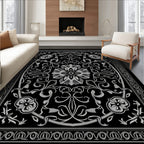 Elegant Black Floral Scrollwork Rug