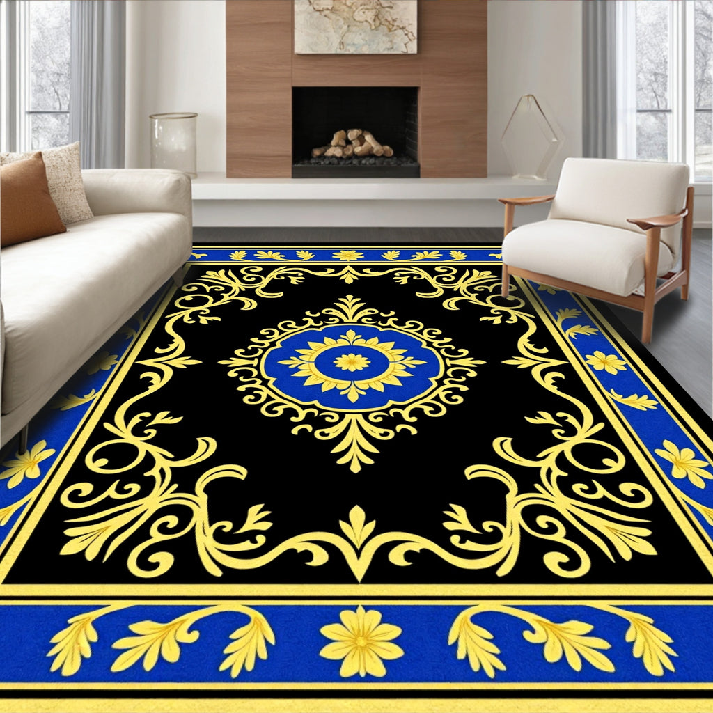 Ornate Blue Gold Floral Border Rug